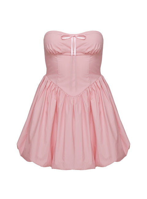 back view of model wearing Princess Polly Melaina Bubble Hem Mini Dress Pink Sweetheart Neckline 