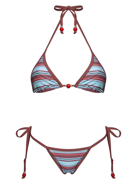 Mikaya Beaded Triangle Bikini Top Blue / Brown Stripe