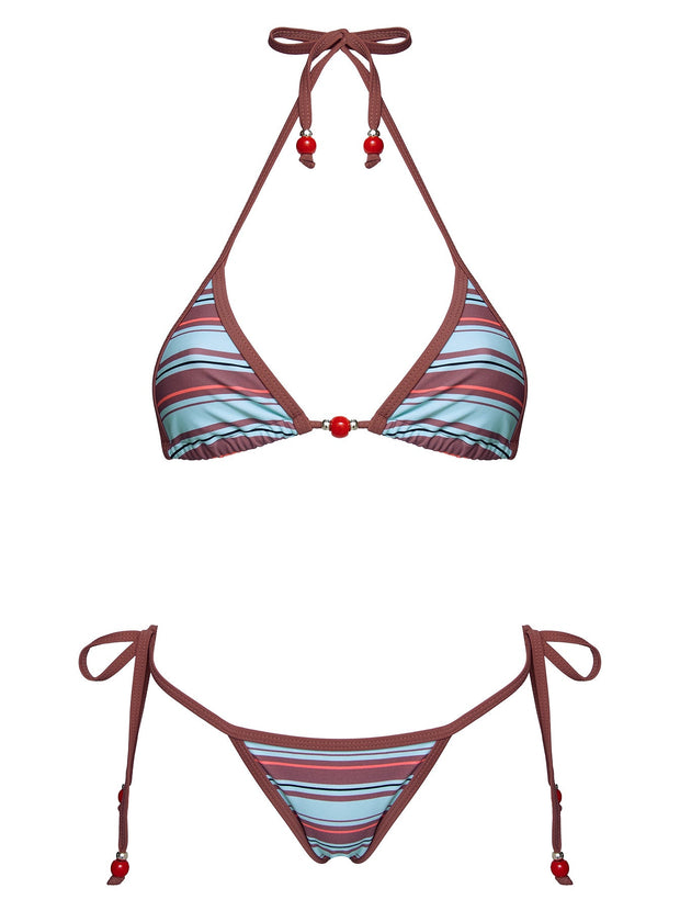 Mikaya Beaded Triangle Bikini Top Blue / Brown Stripe