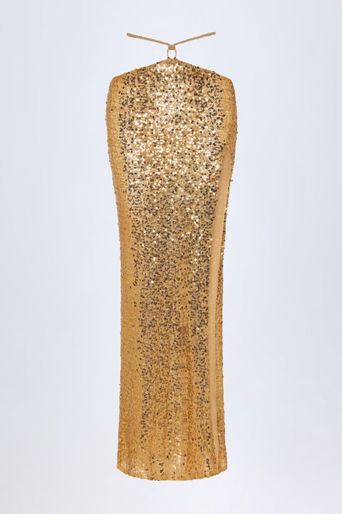 Embellished Hardware-Detail Strappy Maxi Skirt in Gold