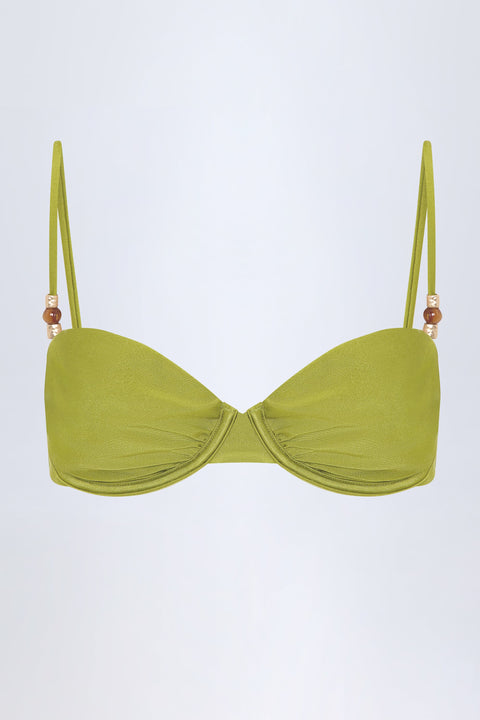 Bead-Embellished Ruched Underwired Bikini Top in Olive Green