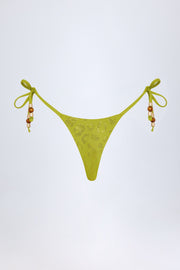 Side-Tie Bead Thong Bikini Bottoms in Olive Leopard Hotfix