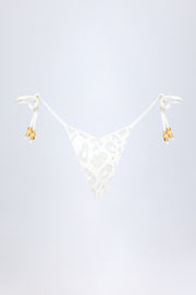 Side-Tie Bead Thong Bikini Bottoms in White Leopard Hotfix