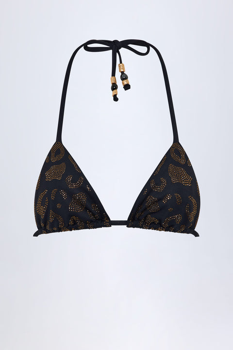Bead-Detail Triangle Bikini Top in Black Leopard Hotfix