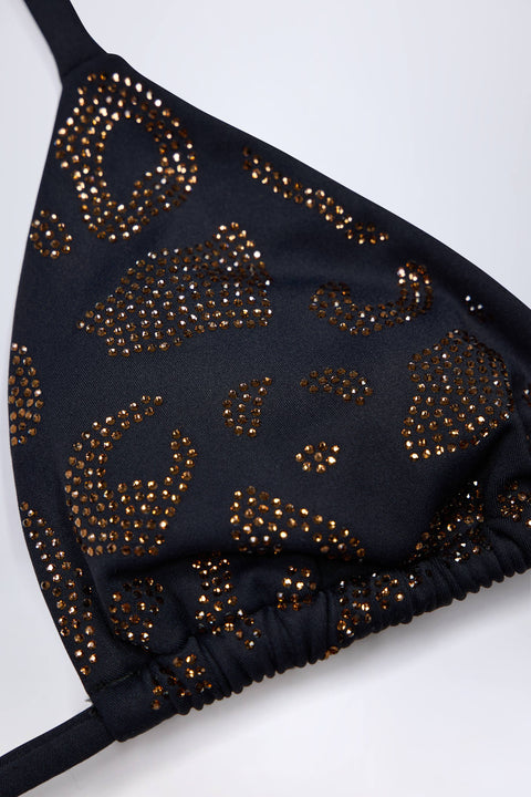 Bead-Detail Triangle Bikini Top in Black Leopard Hotfix