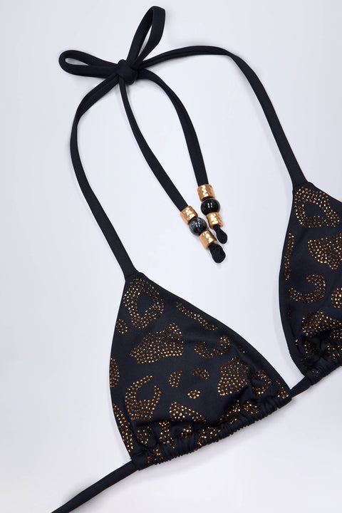 Bead-Detail Triangle Bikini Top in Black Leopard Hotfix