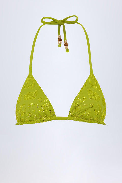Bead-Detail Triangle Bikini Top in Olive Leopard Hotfix