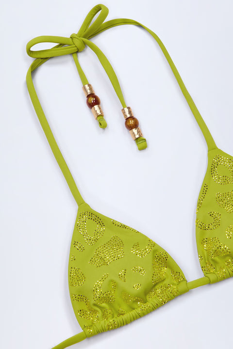 Bead-Detail Triangle Bikini Top in Olive Leopard Hotfix