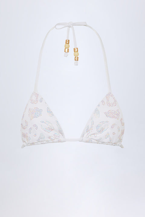 Bead-Detail Triangle Bikini Top in White Leopard Hotfix
