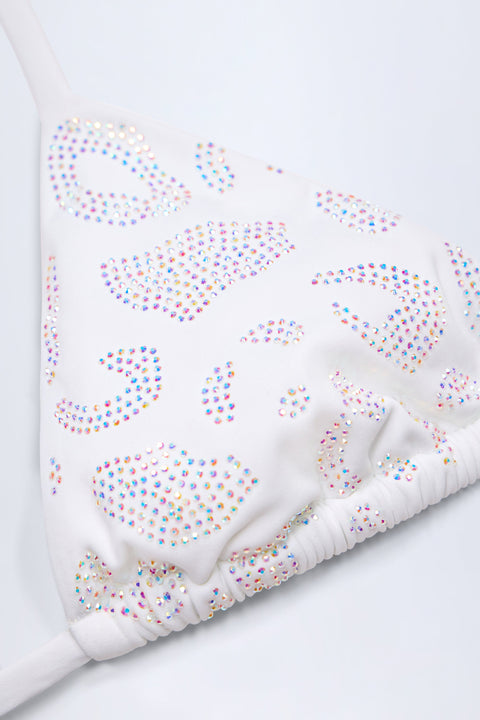 Bead-Detail Triangle Bikini Top in White Leopard Hotfix