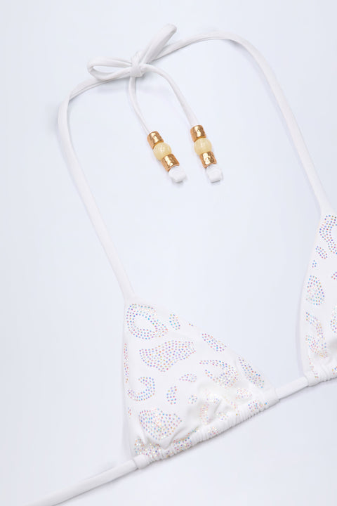 Bead-Detail Triangle Bikini Top in White Leopard Hotfix